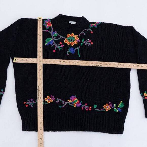 Vintage St Michael Black w Embroidered Floral Knit Mockneck Sweater L - Picture 4 of 12